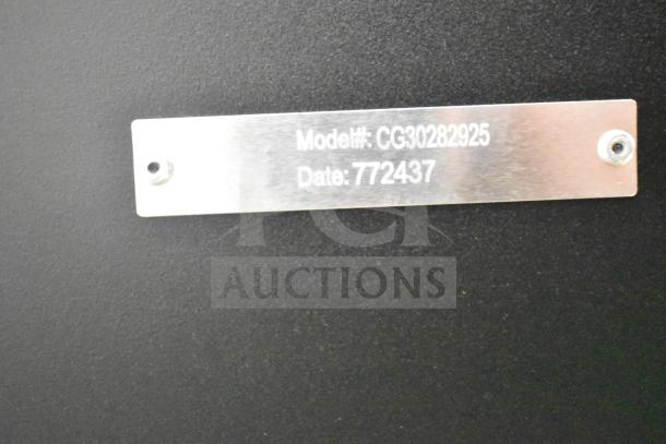 Metal label on a Char-Griller CG30282925 FlexFuel grill showing model number and date, affixed to a black surface.
