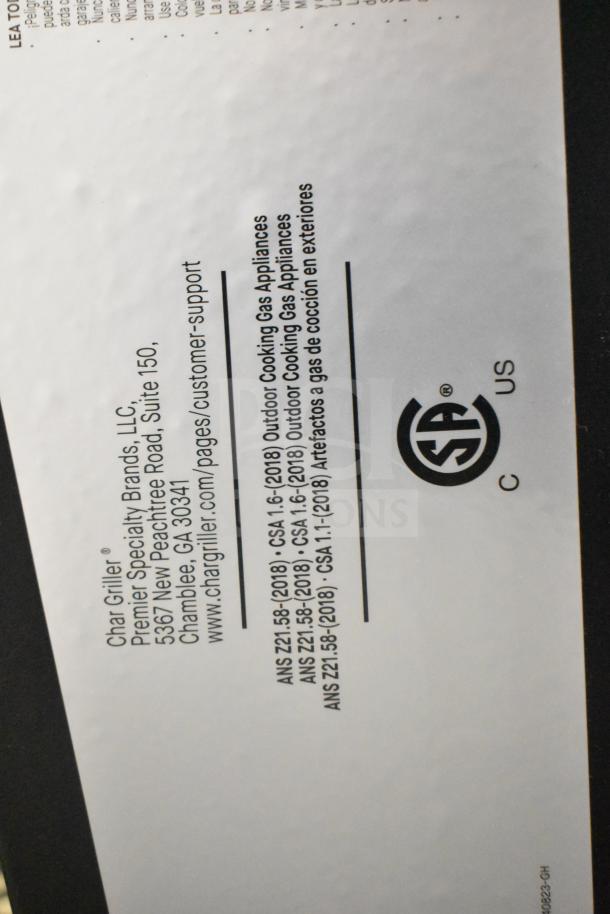 Char-Griller CG30282925 FlexFuel Combo Grill, black, uses liquid propane and charcoal. Label displays safety standards.