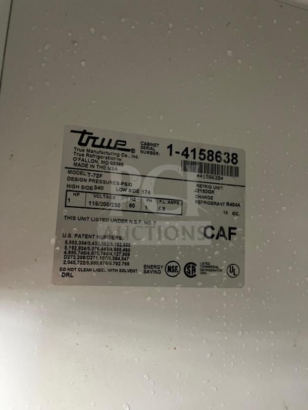 True T-72F 78" Reach-In Freezer label showing model, serial number, pressure specs, energy-saving certifications.