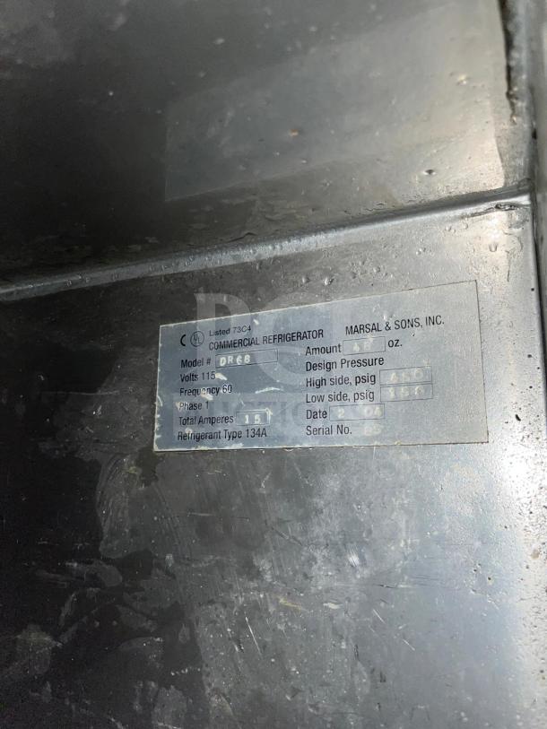 Marsal & Sons Refrigerated Pizza Prep Table label showing Model DRP68, 115 volts, 60 Hz, 15 amps, Refrigerant 134A.