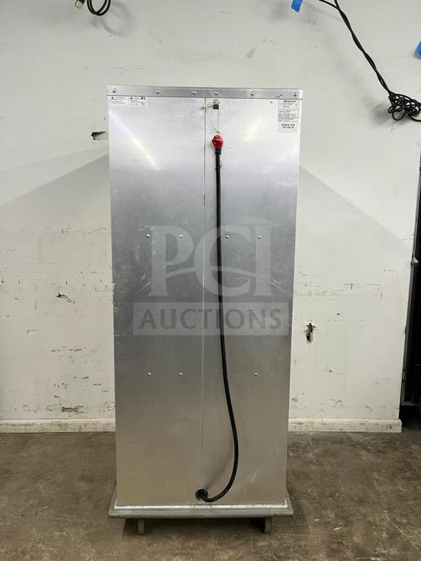 Cres Cor Insulated Stainless Steel Proofer, model Proofer, on wheels, visible wear, attached cord and labels on front.