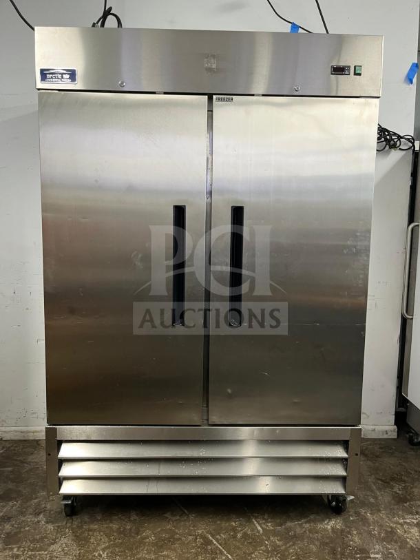 Arctic Air AF49 freezer, 2 solid doors, stainless exterior, energy-efficient, model AF49, used condition.