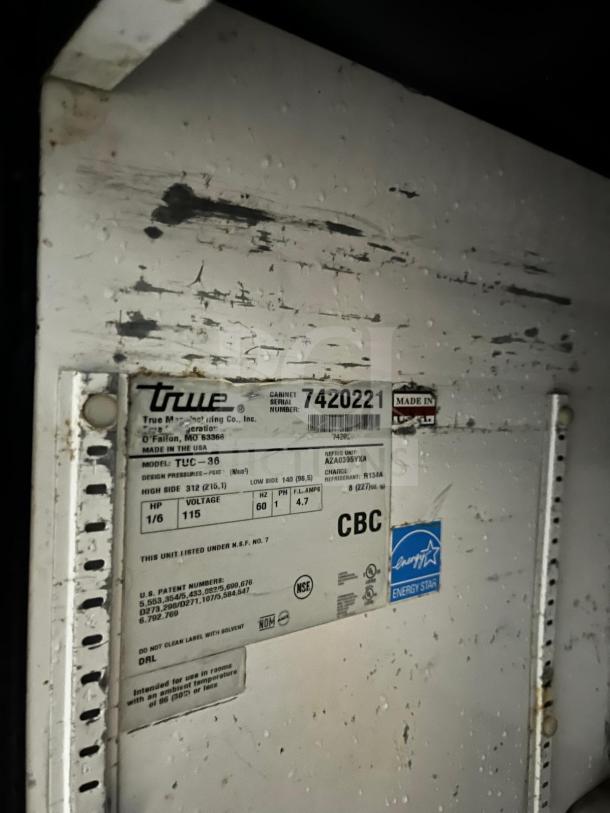 True TUC-36 undercounter cooler, stainless steel, model TUC-36, two-door, visible energy and serial labels, used condition.