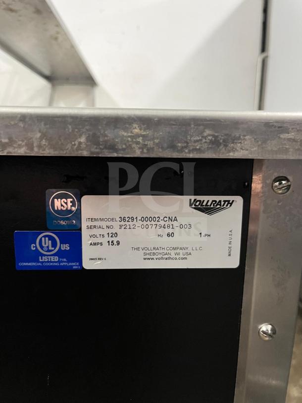 Vollrath 36291 Signature Server 74"x27" food station label; model and serial numbers visible; 120V, 60Hz, 15.9A.