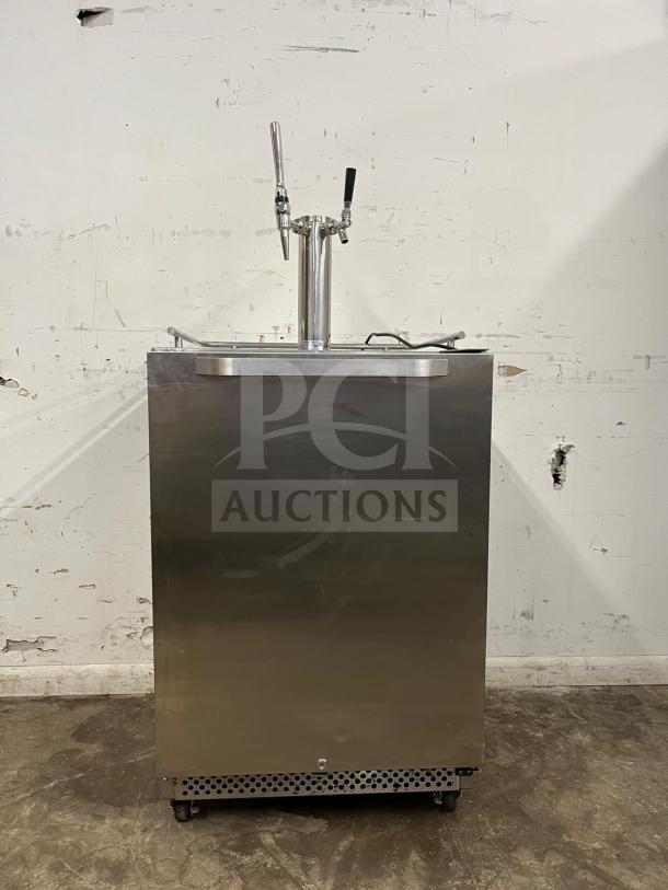 Outdoor Kegerator & Dispenser, model sbc695osnk, stainless steel, dual tap, Kegerator brand, on casters, good condition.