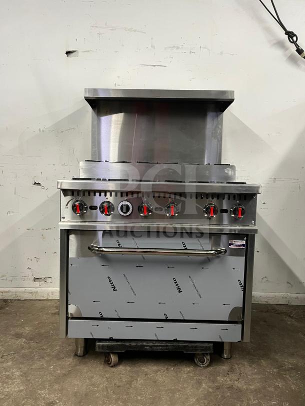 Brand new 2024 Evernew RC-ENR6B36TJ-NAT stainless steel 2-tier 6 burner range with oven, backsplash, and overshelf, 210,000 BTU.