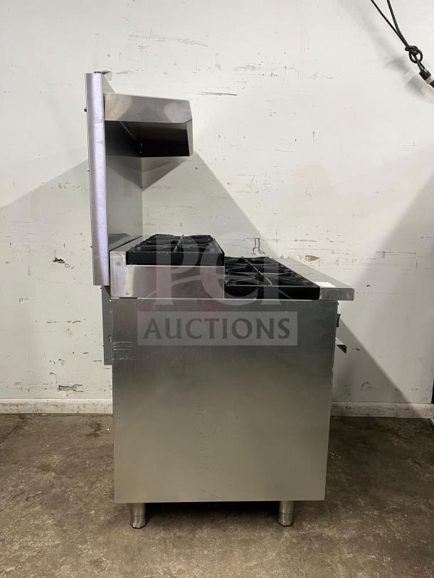 Brand new 2024 Evernew stainless steel 2-tier 6-burner natural gas range with oven, backsplash, and overshelf, model RC-ENR6B36TJ-NAT.