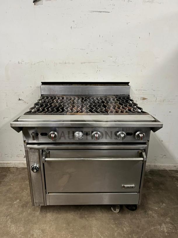 Jade Range Oven with 6 burners, model oven, 35000 BTU, stainless steel, used condition, sturdy knobs, visible brand label.