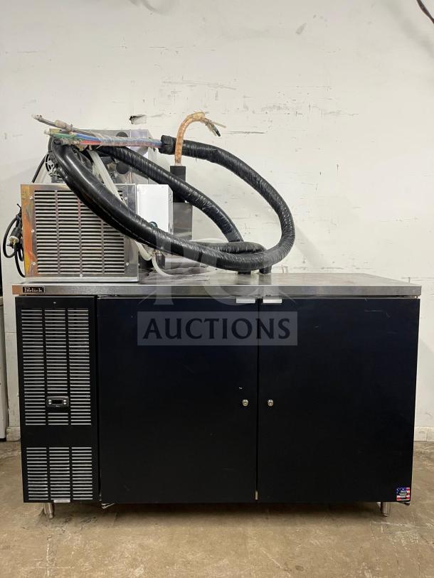 Perlick DDS60 60" black beer dispenser, direct draw, holds (5) 1/4 kegs, stainless top, visible hoses, good condition.