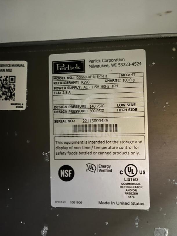 Perlick DDS60 beer dispenser label showing model details, power supply, refrigerant type, and certification markings.