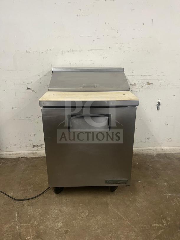 True TSSU-27-08-HC refrigerated sandwich prep table, stainless steel, right-hinged door, good condition.