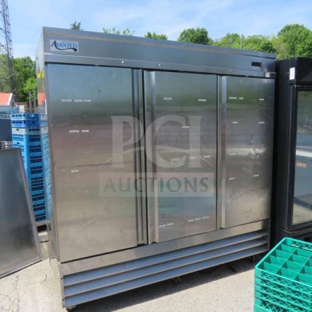Avantco 3 Door Refrigerator, Model 178SS3RHC, with 8 racks, on casters, 115V, stainless steel, 80x32x82 inches.