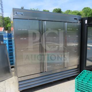 Avantco 3 Door Refrigerator, Model 178SS3RHC, with 8 racks, on casters, 115V, stainless steel, 80x32x82 inches.