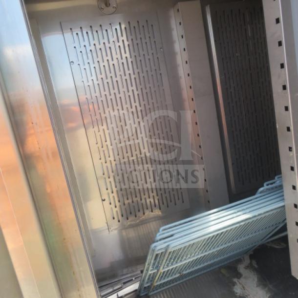 Avantco 3-door refrigerator model 178SS3RHC, 115V, includes 8 racks, on casters, dimensions 80x32x82 inches.