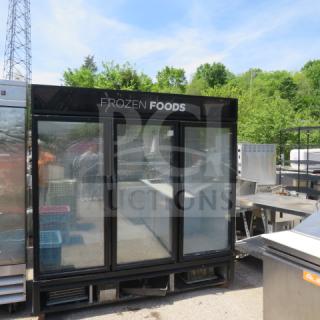 True 3 Door Glass Display Freezer, Model GDM-72F-HC-TS-LO1, with 6 racks, 78x30x77.5 inches, "Frozen Foods" label, 115/208-230V, 1 Phase.