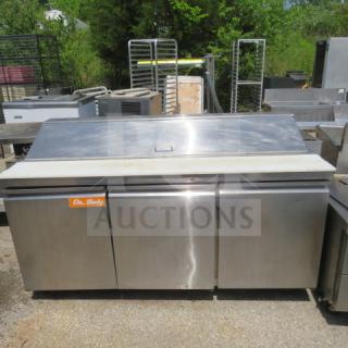 Avantco 3-door refrigerated prep table, model 178SSPT71HC, on casters. Stainless steel, 71x30x42 inches, 115V.