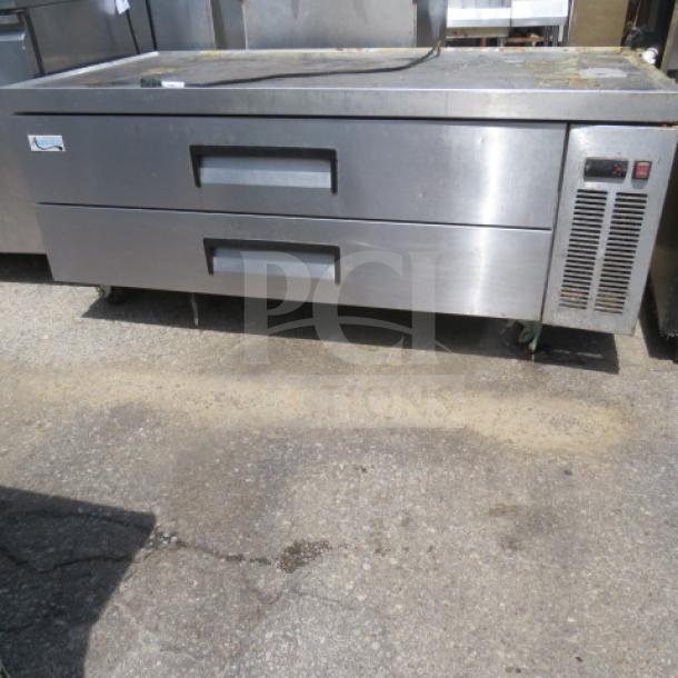 Avantco 2 Drawer Refrigerated Chef Base on casters, 60x32x26 inches, stainless steel, used condition, 115 Volt.