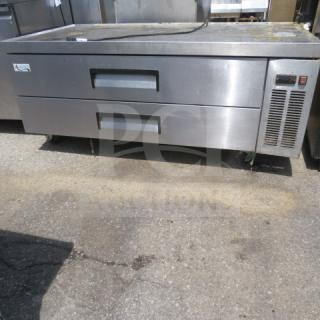 Avantco 2 Drawer Refrigerated Chef Base on casters, 60x32x26 inches, stainless steel, used condition, 115 Volt.