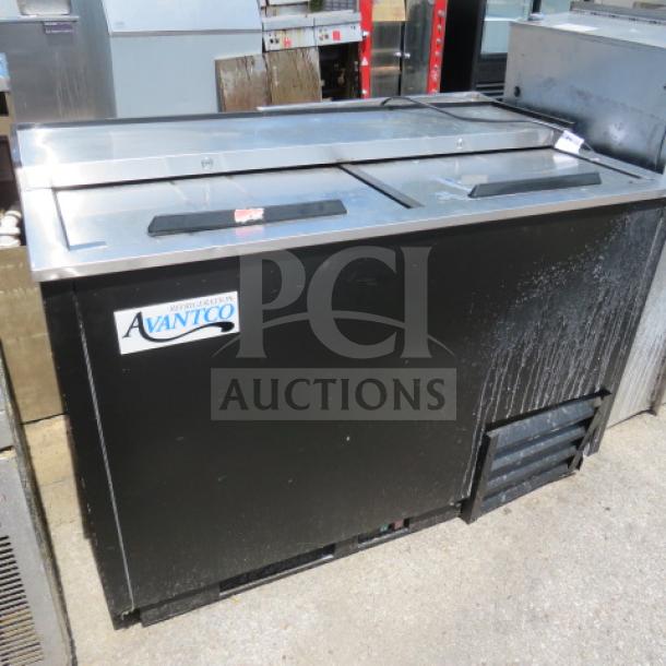 Avantco bottle box cooler, Model 178GF50NC, 49.5x27.5x34 inches, black exterior, dual sliding lids, 115 Volt.