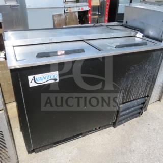 Avantco bottle box cooler, Model 178GF50NC, 49.5x27.5x34 inches, black exterior, dual sliding lids, 115 Volt.