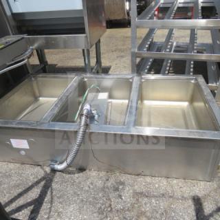 Wells 3 Well Drop In Hot Food Well, Model MOD300TDM, 208-240V, stainless steel, 43x24x10 inches, used condition.