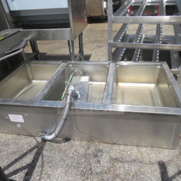 Wells MOD300TDM 3-well drop-in hot food well, 43x24x10, stainless steel, 208-240V, $2797, new condition.