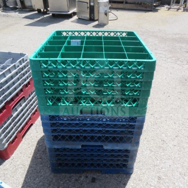 Green and blue 25-hole dishwasher rack for commercial use, labeled "3XBID," in excellent condition, stackable design.