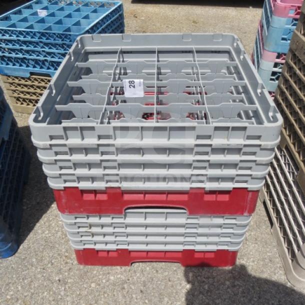 16-hole dishwasher rack, gray and red plastic, stacked design, sturdy build, labeled "28", ideal for commercial use.