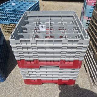 16-hole dishwasher rack, gray and red plastic, stacked design, sturdy build, labeled "28", ideal for commercial use.