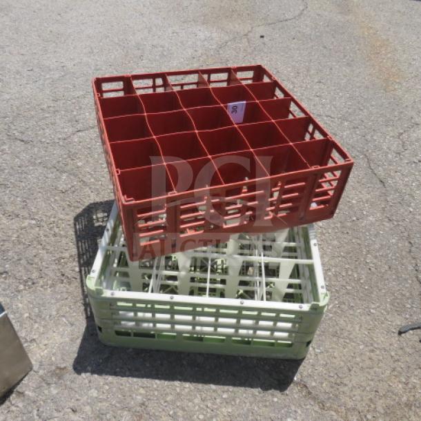 Assorted dishwasher rack set, featuring a red and a green rack. Each has a grid design, used for organizing dishes.
