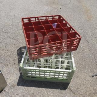 Assorted dishwasher rack set, featuring a red and a green rack. Each has a grid design, used for organizing dishes.