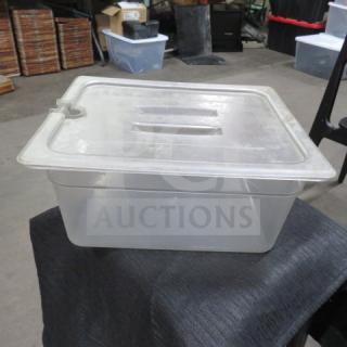 1/2 size, 6-inch deep clear food storage container with lid, in good condition. Ideal for kitchen or commercial use.