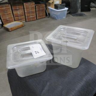 Assorted 1/6 size food storage containers with lids, clear plastic, auction tag labeled "37," used condition.