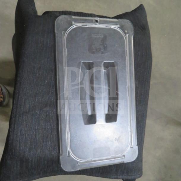 1/3 Size Food Storage Lid, model 5XBID, transparent plastic with dual handles, good condition, minor surface wear.