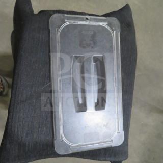 1/3 Size Food Storage Lid, model 5XBID, transparent plastic with dual handles, good condition, minor surface wear.