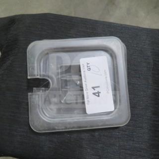 Clear 1/6 size food storage lid, transparent plastic, used condition. Marked with auction label "41".