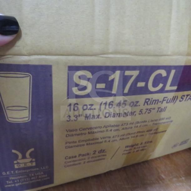 Cardboard box labeled "S-17-CL" containing 16oz poly stackable glasses. Details: 16oz capacity, 3.3" diameter, 5.75" tall.