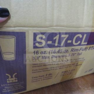 Cardboard box labeled "S-17-CL" containing 16oz poly stackable glasses. Details: 16oz capacity, 3.3" diameter, 5.75" tall.