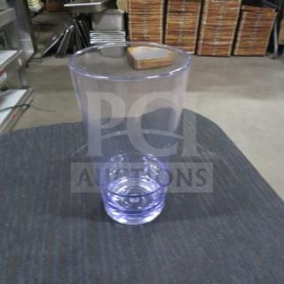 16oz poly stackable glass, clear plastic, good condition, ideal for space-saving storage, model 10XBID.