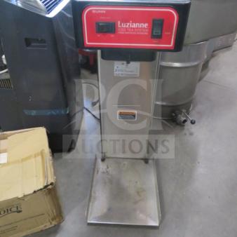 Bunn TB3Q tea brewer, 120-volt, 14x23x35 inches, stainless steel, Luzianne Iced Tea System branding, good condition.