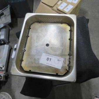 Stainless steel 1/2 size perforated pan, used condition, auction tag with lot number 81 inside.