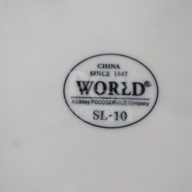 11-inch World square plate, model SL-10, durable china, brand marking indicates "World" by Libbey Foodservice.