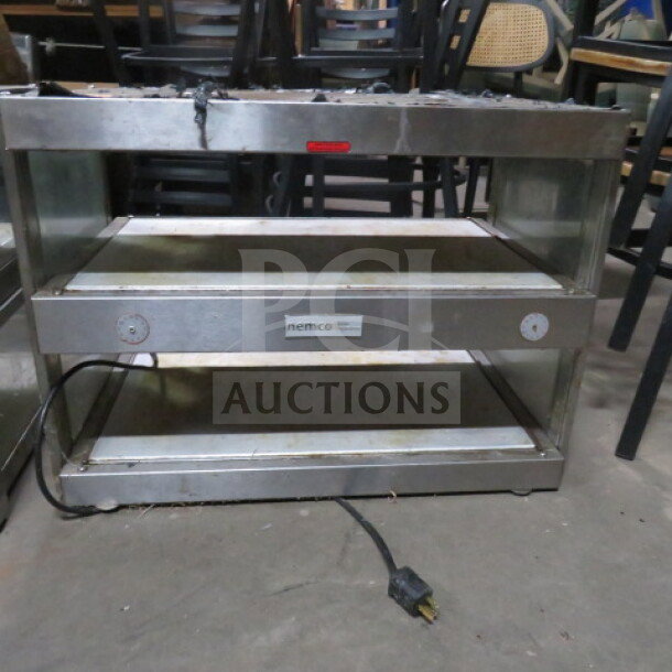 Nemco 2 Shelf Food Warmer, stainless steel, 120V, 30x19.5x1.5 inches, used condition, visible brand label on front.