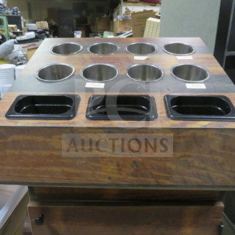 Countertop flatware organizer, 25.5x22.5x14, wood finish with metal and plastic compartments, labels for sorting.
