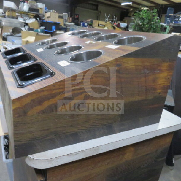 Wood countertop flatware organizer, 25.5x22.5x14 inches, with multiple compartments; used condition.