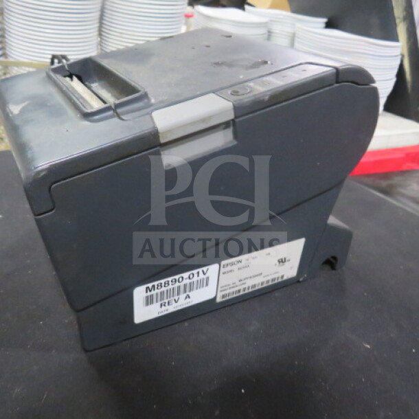 Epson TM-T88V printer, used condition, visible model label "M8890-01TV REV A", compact thermal receipt printer.