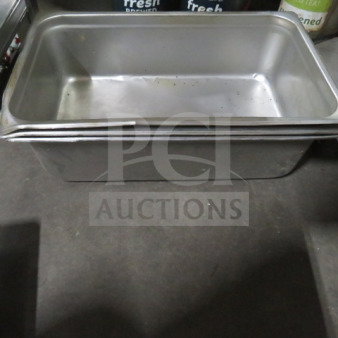Full-size 4-inch deep hotel pan with lid, stainless steel, lightly used, durable for catering or kitchen use. 2XBID.