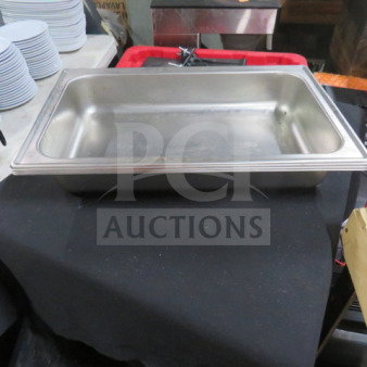 Full-size 2.5-inch deep hotel pan with lid, stainless steel, gently used condition, ideal for catering and food service.
