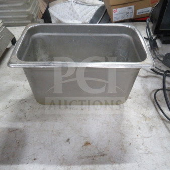 1/4 Size 6 Inch Deep Hotel Pan, stainless steel, used condition, suitable for kitchen or catering use.