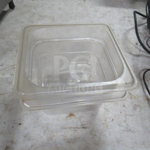 1/6 size, 4-inch deep clear food storage container, used condition, minor scratches, model 7XBID.